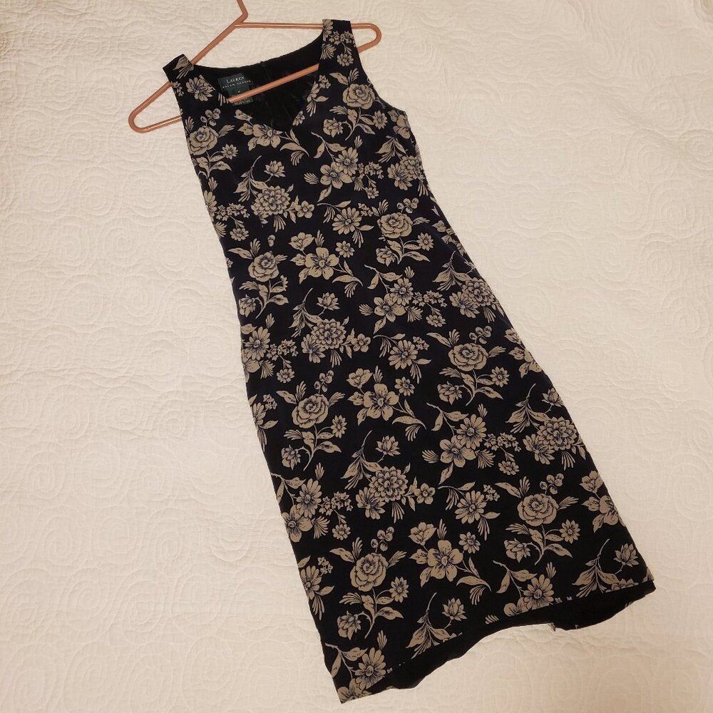 Ralph Lauren Silk fitted Floral Blue Dress White Flowers Size 4